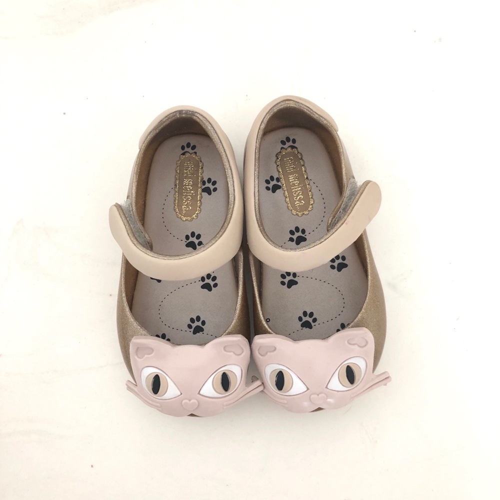 Mini Melissa kitty cat gold sparkle shoes